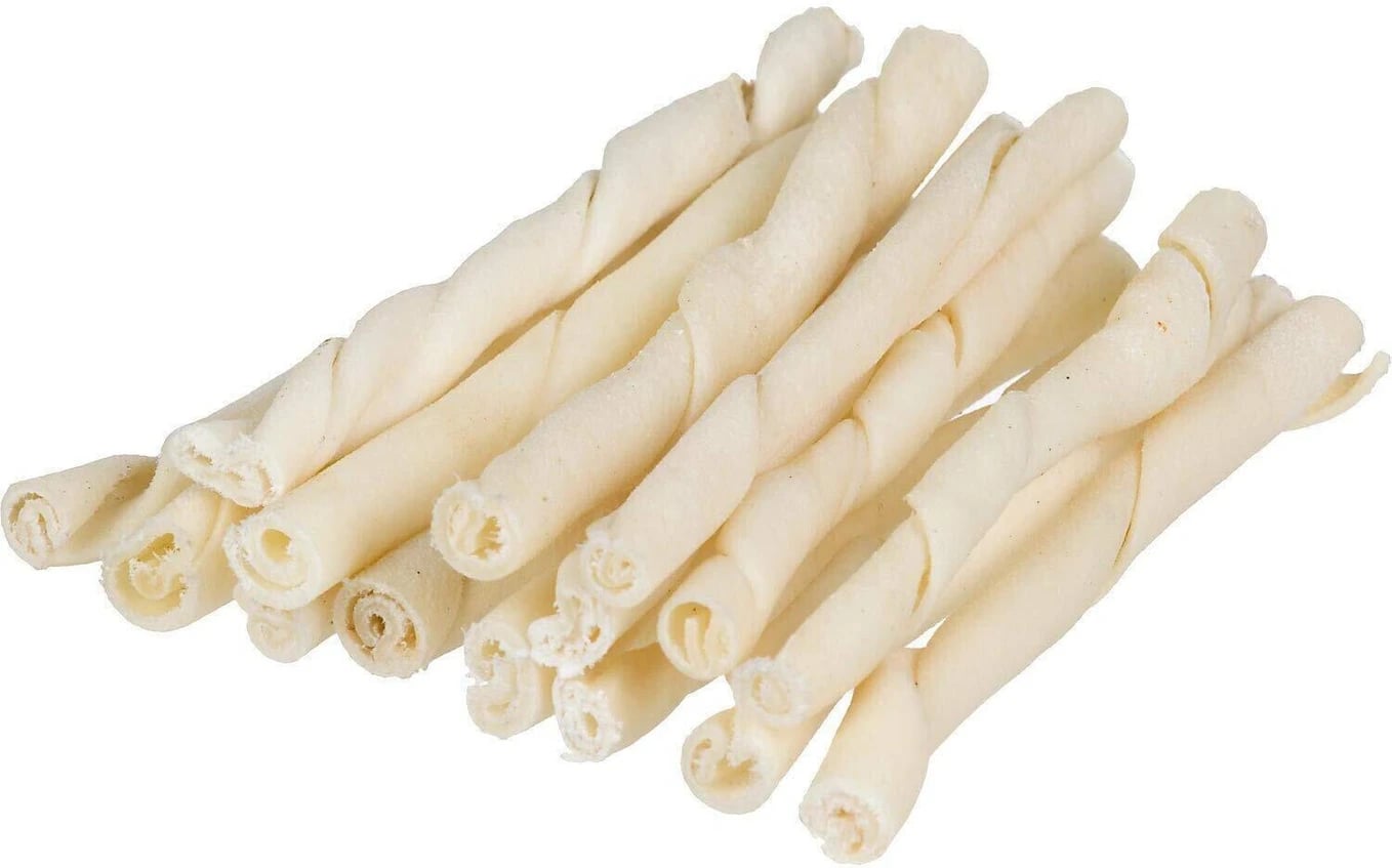 Twisted processed bovine hide material for pet-chew manufacturing