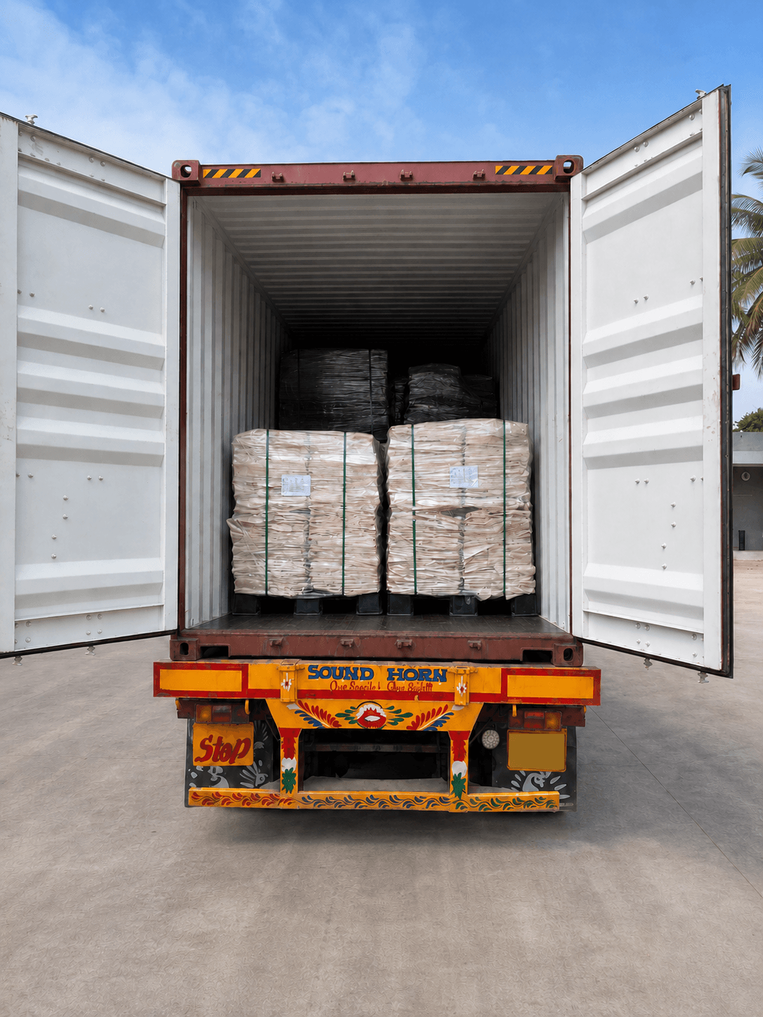 Palletized processed material loaded into a shipping container